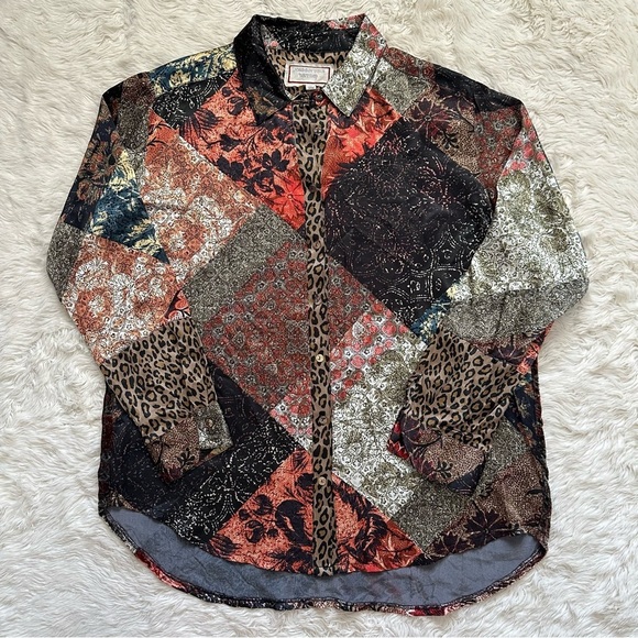 Johnny Was Workshop Top Mabel Printed Silk Button-Up Velvet Back Long Sleeve M - Picture 2 of 14